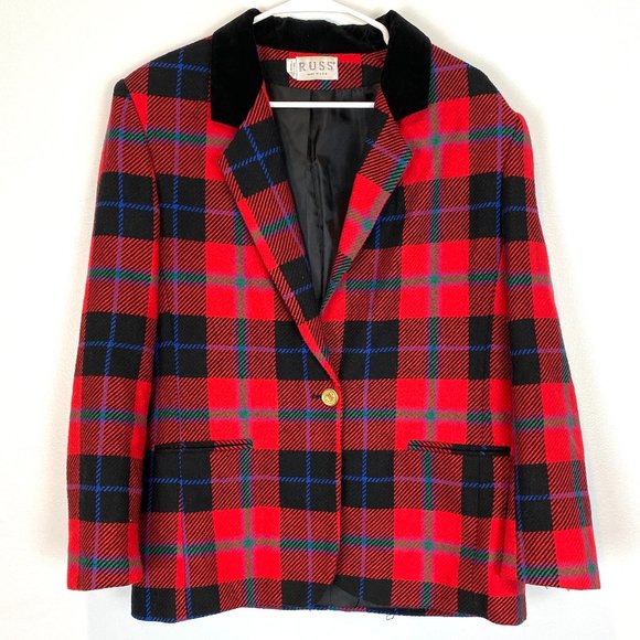 RUSS Vintage Jackets & Blazers - RUSS Vintage Blazer Plaid Red Velvet Collar One Button Black Women's Size 10